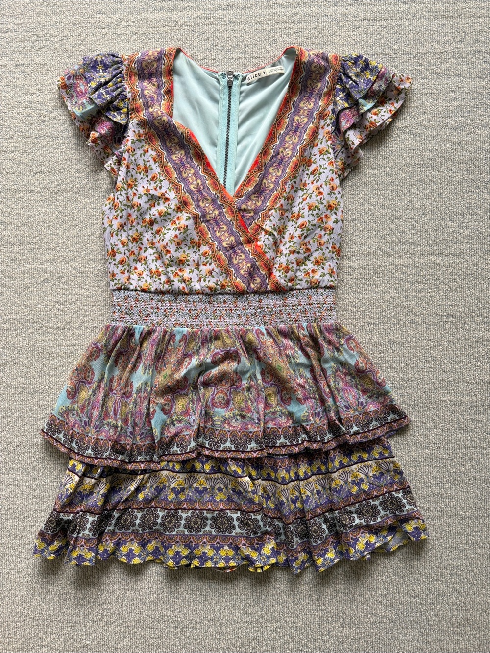 Alice + Olivia Mint, Lavender & Coral Floral Tiered Mini Dress